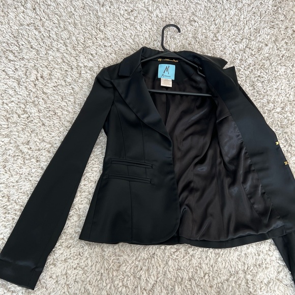 Black Guess Marciano satin tuxedo style suit jacket with gold clasp buttons. - Picture 2 of 4